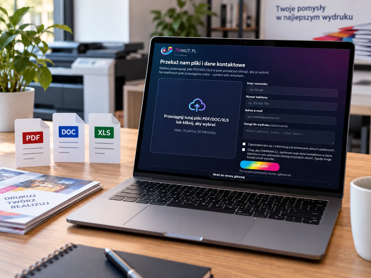 Wyślij pliki — formularz online na ekranie laptopa